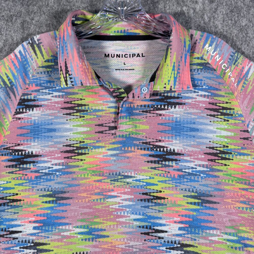 Municipal Shirt Mens Size Large Pink Short Sleeve Polo Sport Tech Zigzag Mesh